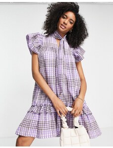 Selected Femme high low dress with frill detail in purple check