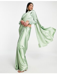 Kanya London Bridesmaid high neck blouse & saree co-ord in sage green