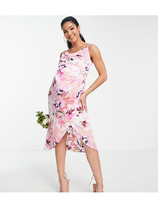 Liquorish Maternity satin wrap midi dress in soft pastel floral-Multi