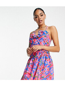 ASYOU frill edge plunge ruched mini dress in floral print-Multi