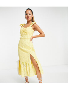 Influence Petite tie strap broderie midi dress in yellow