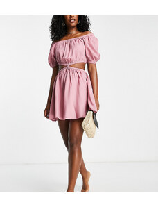 Esmee Exclusive beach square neckline mini summer dress with cut out detail at waist in dusty rose-Pink