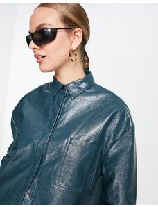 4th & Reckless oversized leather look embossed shirt co ord in teal-Blue