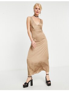 Edited maxi dress with back detail in brown satin