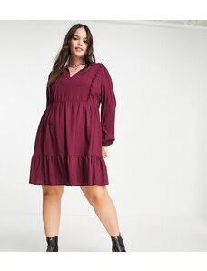 Urban Threads Curve Urban Threads Plus smock mini dress with tie front in burgundy-Red