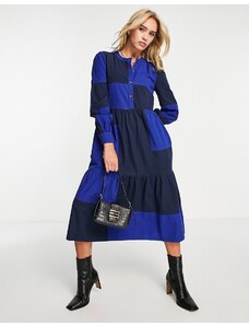 People Tree button front cotton patchwork midi smock dress-Navy