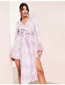 ASOS LUXE wrap long sleeve mini dress in geo jacquard-Purple
