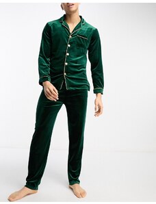 Night velvet pyjamas with gold buttons in forest green