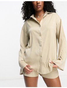 4th & Reckless satin beach shirt co-ord in beige-Green