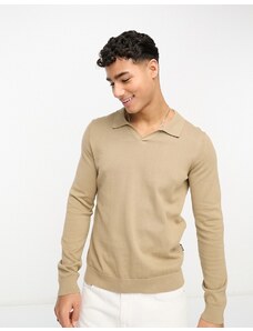 Only & Sons knit revere long sleeve polo in beige-Neutral