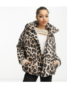 Urban Code Petite oversized puffer jacket in leopard print-Brown