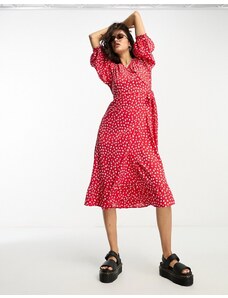 ONLY puff sleeve wrap midi dress in red spot