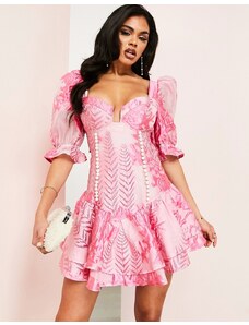 ASOS LUXE jacquard plunge mini dress with tiered hem & puff sleeve in pink