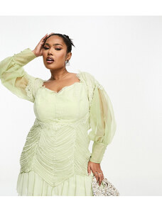 ASOS LUXE Curve bardot lace ruched sheer puff sleeve mini dress in green