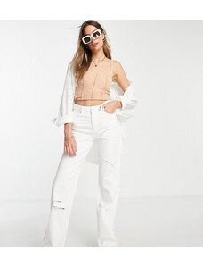 Don't Think Twice DTT Tall straight leg jeans with raw hem and knee rips in white