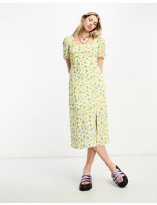 Only open tie back square neck midi dress in yellow floral-White