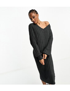 Object Tall v neck knitted ribbed jumper dress in dark grey