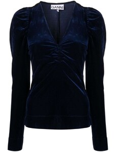GANNI puff-sleeve velvet blouse - Blue