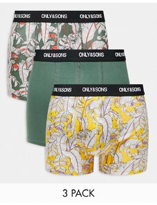 ONLY & SONS 3 pack trunks in khaki floral print-Green