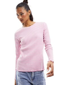 Selected Femme long sleeve ribbed tee with lettuce hem in pink and white stripe-Multi