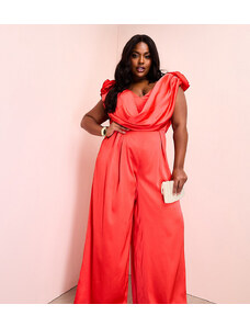 ASOS LUXE Curve satin corsage plunge neck wide leg jumpsuit in red-Multi