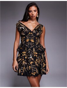 ASOS LUXE encrusted embellished mesh mini dress in black and gold-Multi -  GLAMI.eco
