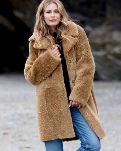 Celtic Co Ladies Reversible Cocoon, Cocoon Longline Faux Fur Teddy Coat