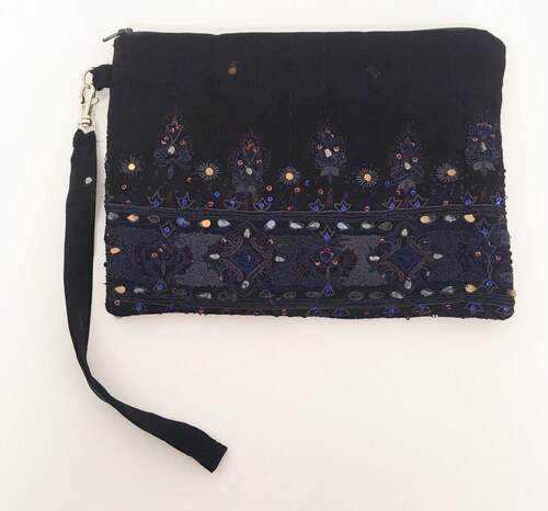 navy blue beaded clutch bag