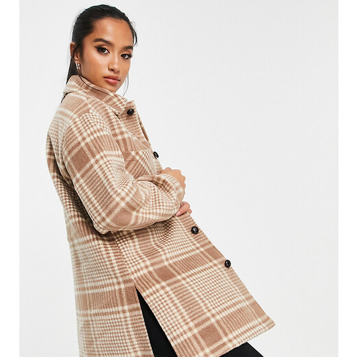 Violet Romance Petite longline shacket in tan check-Brown - GLAMI.eco