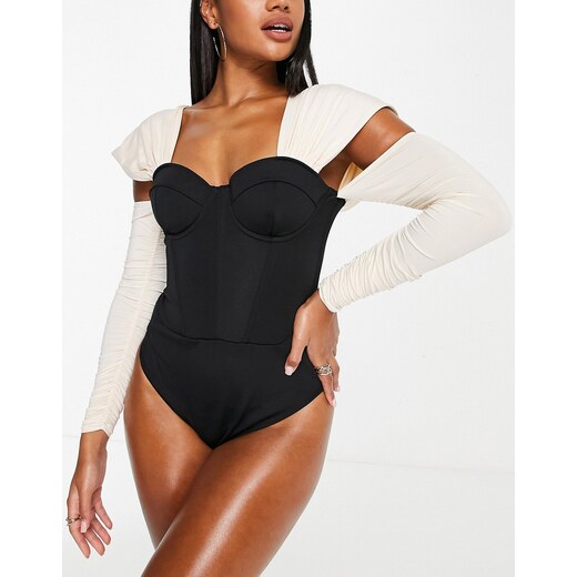 ASOS LUXE corset fitted swimsuit with long sleeve in toile de juoy print