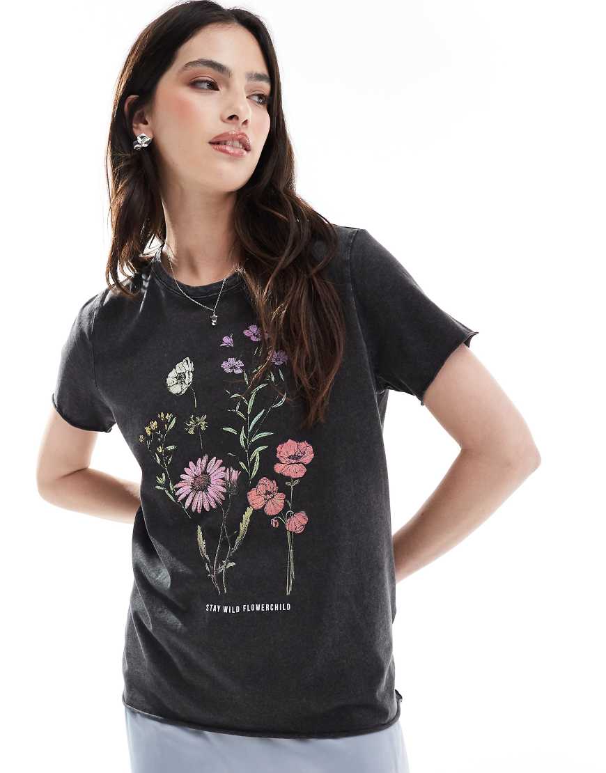 ONLY acid wash floral bouquet print t-shirt in black