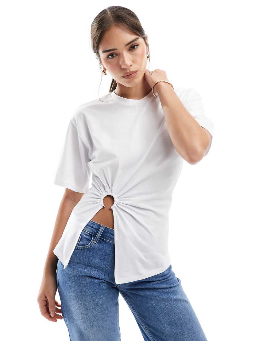 ONLY ring detail ruched t-shirt in white
