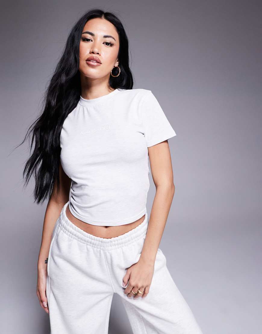 Kaiia cotton rich logo detail cropped fitted t-shirt co-ord in light grey marl