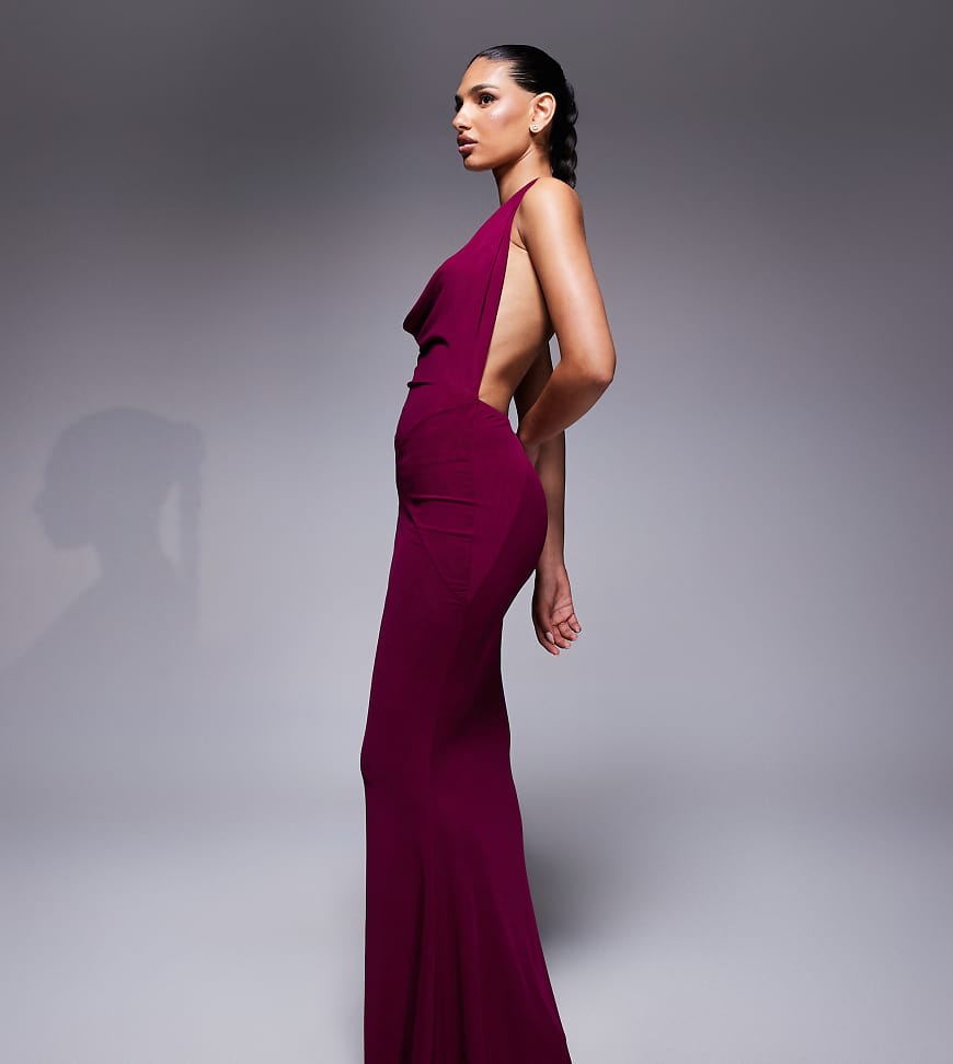 Murci exclusive mesh halterneck open back cowl neck maxi dress in plum-Purple