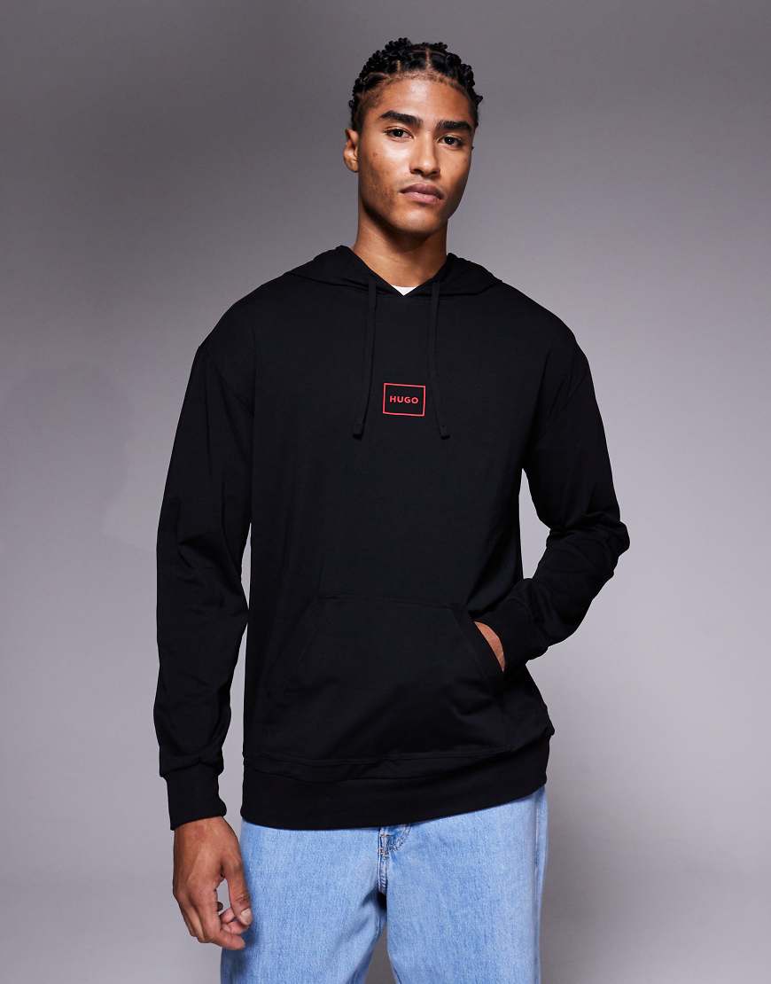 HUGO RED Laze central logo lounge relaxed fit hooded long sleeve t-shirt in black