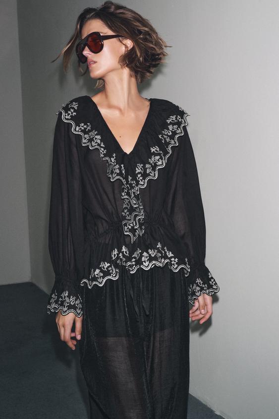 ZARA ZW COLLECTION EMBROIDERED RUFFLE BLOUSE Black XS - GLAMI.eco