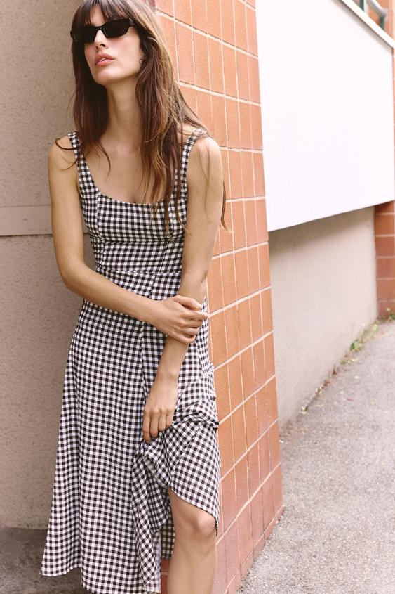 ZARA GINGHAM CHECK DRESS Brown S