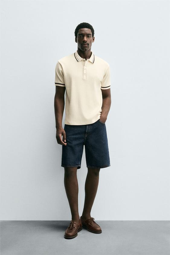 ZARA CONTRAST RIBBED POLO SHIRT Ecru S