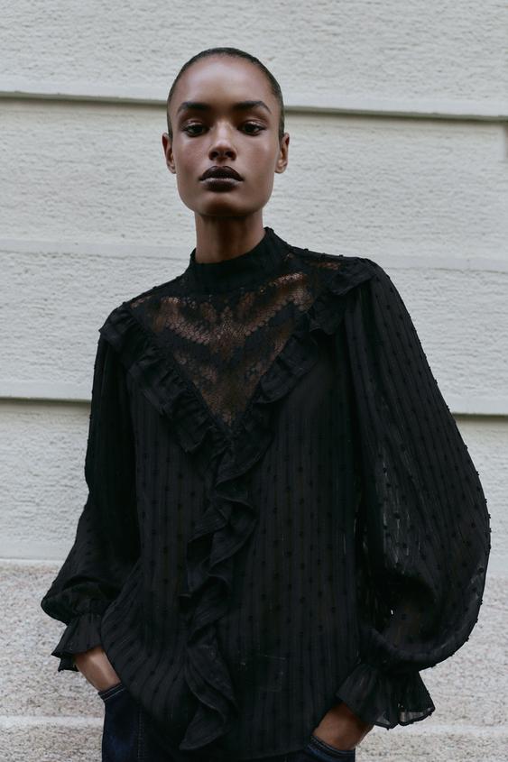 ZARA LACE DOTTED MESH SHIRT Black XS