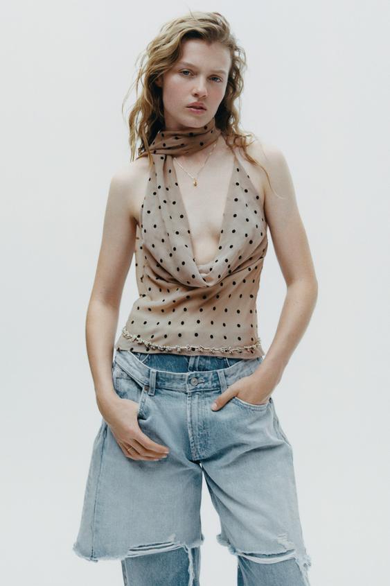ZARA POLKA DOT HALTERNECK TOP WITH SCARF Beige XS - GLAMI.eco