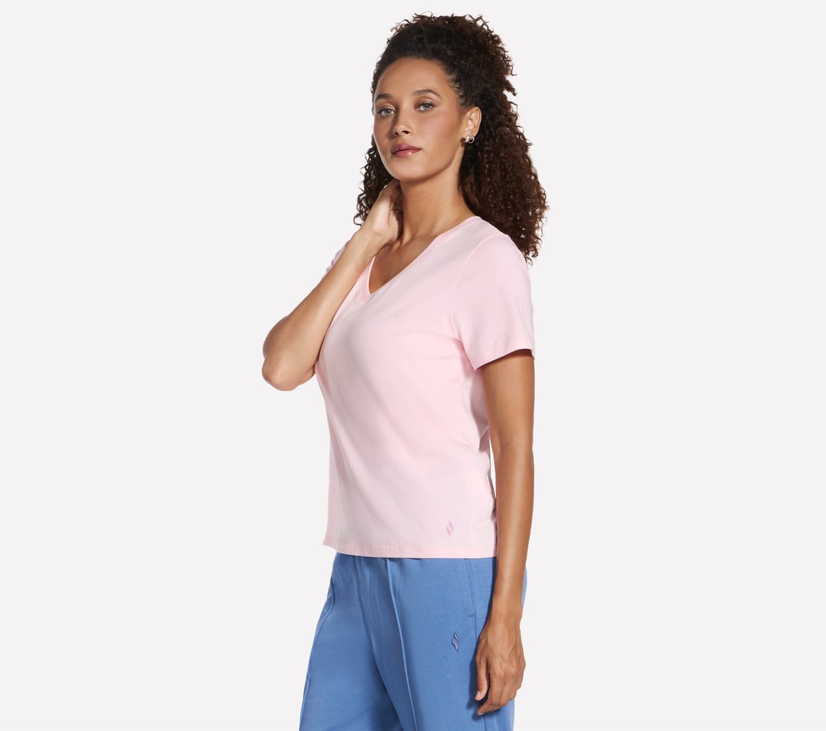 Skechers Women's Pima V-Neck T-Shirt in White/Pink, Size XS | Pima Cotton/Spandex