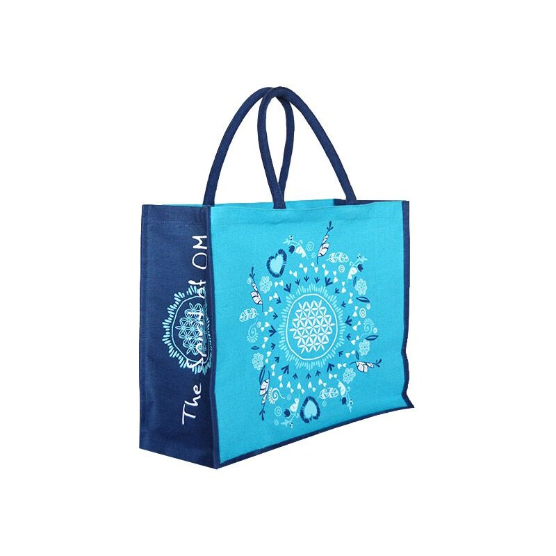 The Spirit of OM nákupní jutová taška s květem života - tyrkysovo-modrá