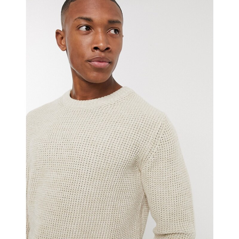 Selected Homme organic cotton waffle knitted crew neck jumper in stone- Neutral 