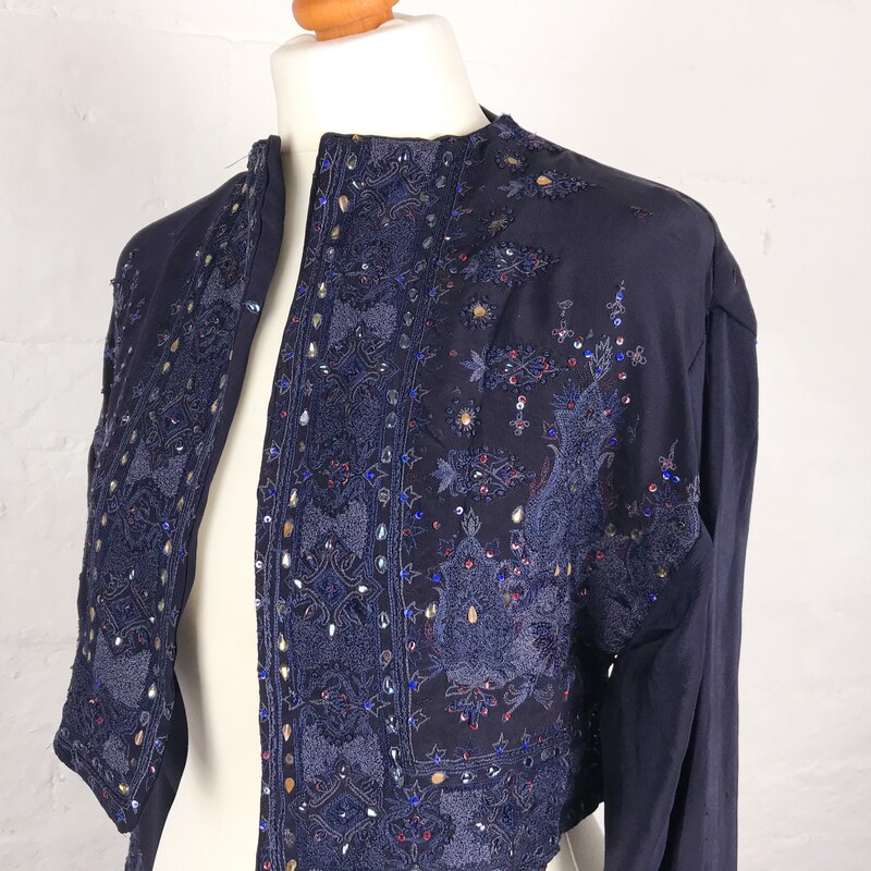 Emily McNair Embroidered Navy Blue Silk Bolero Jacket