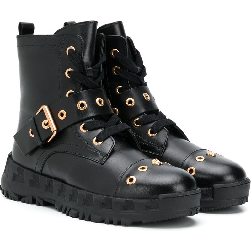 Versace Kids buckle embellished combat boots Black GLAMI.eco