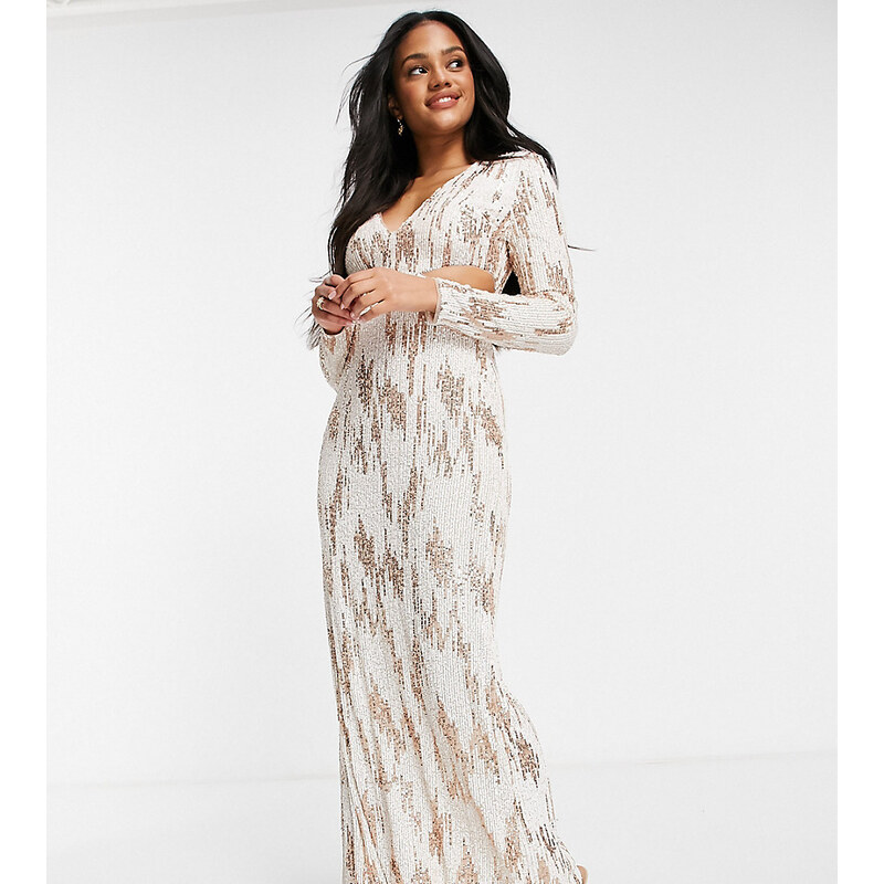 Jaded Rose exclusive sequin plunge maxi dress in cream and rose gold-White