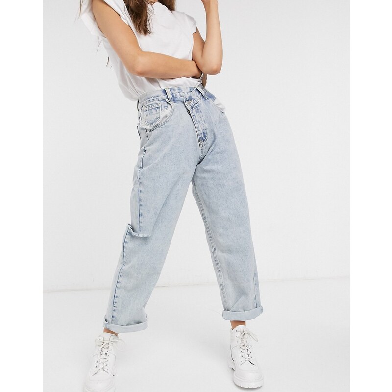 The Kript vintage style mom jeans with distressing and cross over waist  detail-Blue 