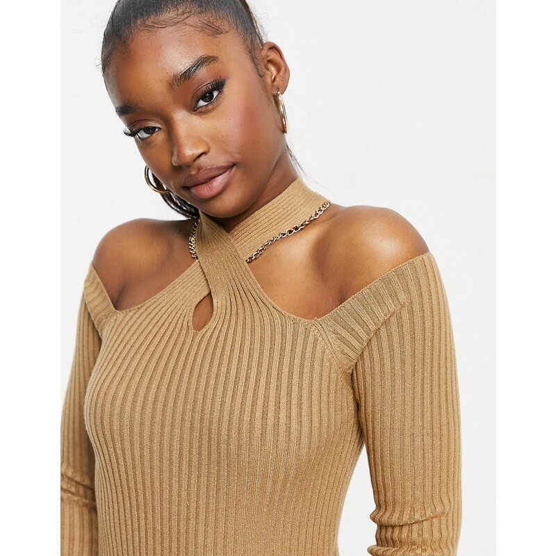 4th Reckless knit jumper with cut out shoulder in beige Neutral GLAMI.eco