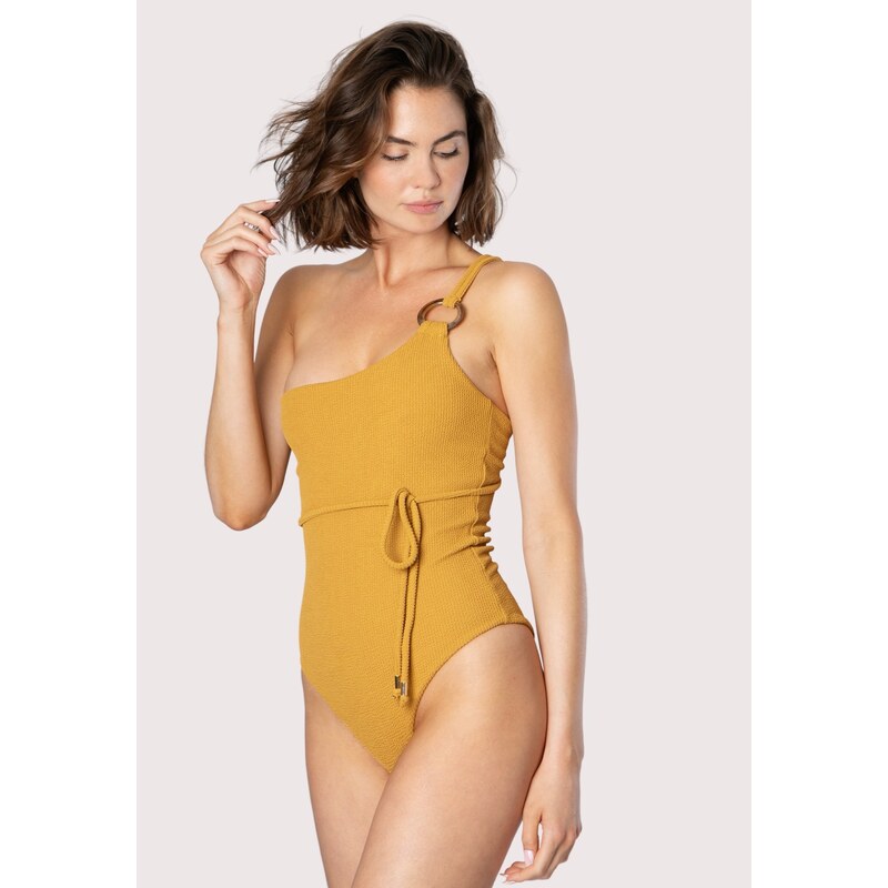 SixtyNinety Audrey One Shoulder Textured Swimsuit in Mustard GLAMI.eco