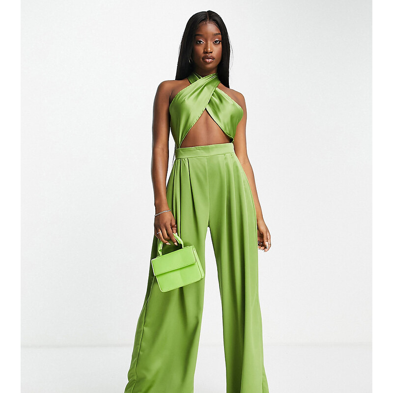 ASYOU satin halter cut out jumpsuit in green 